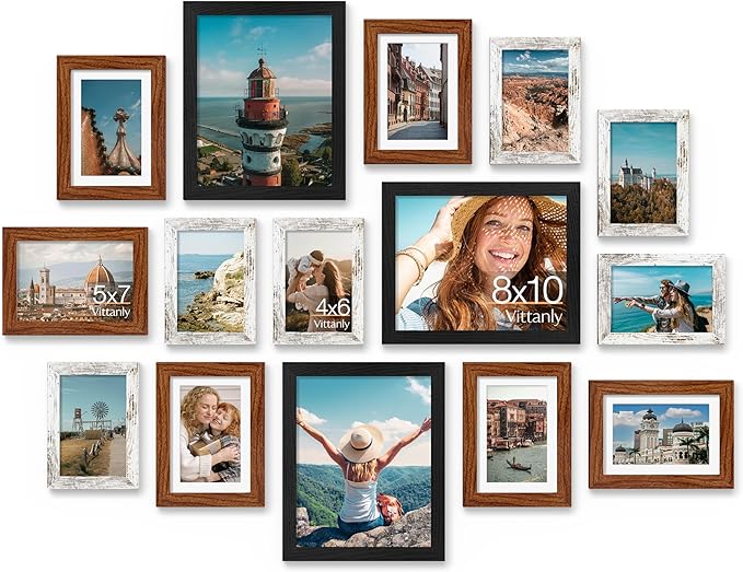 Vittanly 15 Pack Picture Frames Collage Wall Decor for Mounting or Tabletop Display, Gallery Frame Set Including 3pcs 8x10, 6pcs 5x7, 6pcs 4x6, Black, Walnut Brown and Distressed White