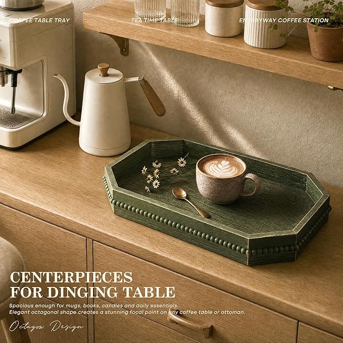 Decorative Tray with Beaded for Room Decor - Wooden Serving Tray Ornament Entryway Table - Farmhouse Centerpieces for Dining Table can Beauty Home and Kitchen (Green)
