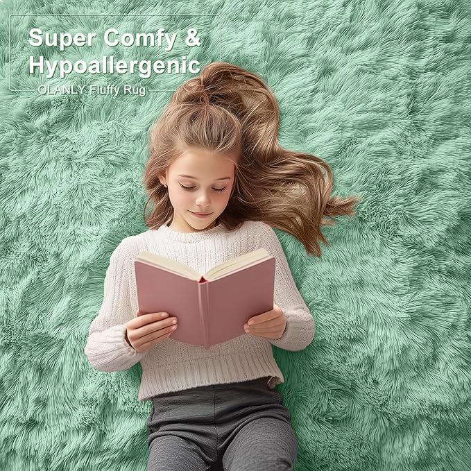 OLANLY 3x5 Machine Washable Small Bedside Rug, Soft Fluffy Shaggy Rugs for Living Room, Bedroom, Indoor Floor Carpet for Kids Girls and Boys, Preppy Dorms, Nursery, Home Decor Aesthetic, Mint Green