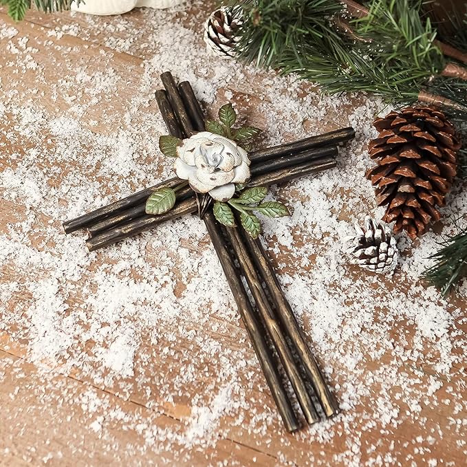 Synovana Wall Cross, Rustic Metal Cross Wall Decor with White Rose, Inspirational Christian Wall Crosses for Home Decor, Crucifix Gift