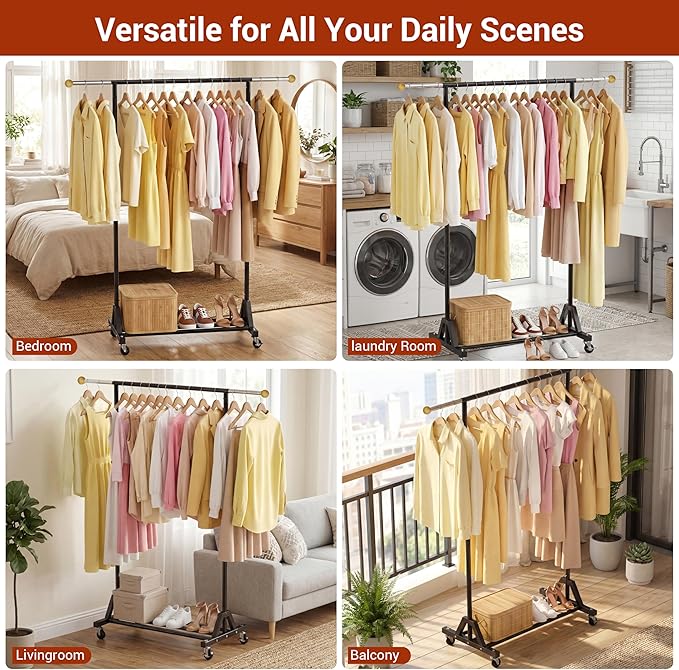 Rolling Garment Rack - Retractable Clothes Rack with Hanging Rods, Lockable Wheels and Bottom Storage Shelf - Sturdy Coat Rack, Freestanding Clothing Organizer for Bedroom, Laundry & Closet