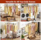 Rolling Garment Rack - Retractable Clothes Rack with Hanging Rods, Lockable Wheels and Bottom Storage Shelf - Sturdy Coat Rack, Freestanding Clothing Organizer for Bedroom, Laundry & Closet