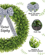 Vlorart 32" Faux Boxwood Wreath, Artificial Large Boxwood Wreaths Front Door, Spring Summer Waterproof Green Wreath Hanging with A Bow for Wall Farmhouse Outside Window Wedding Party Decor Year Round