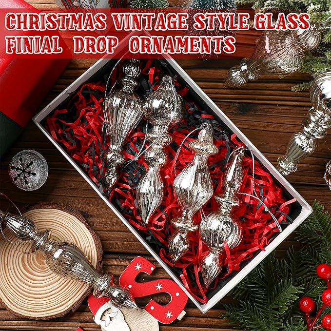 Mifoci 8 Pcs 6 Inch Mercury Glass Finial Christmas Ornaments Hanging Christmas Finials Glass Ornaments Assorted Mercury Decor for Vintage Holiday Xmas Tree Decoration(Silver)