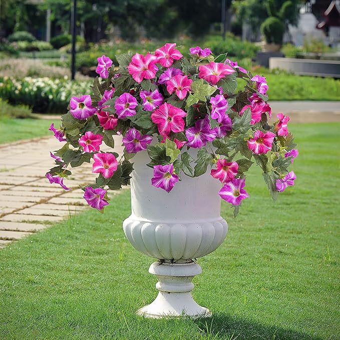 Artificial Fake Flowers Plants for Outdoor Decoration, 2PCS Faux Petunias Silk Flower UV Resistant No Fade Floral for Home Outside Garden Balcony Yard Porch Realistic Indoor Decor (Fuchsia Lotus)