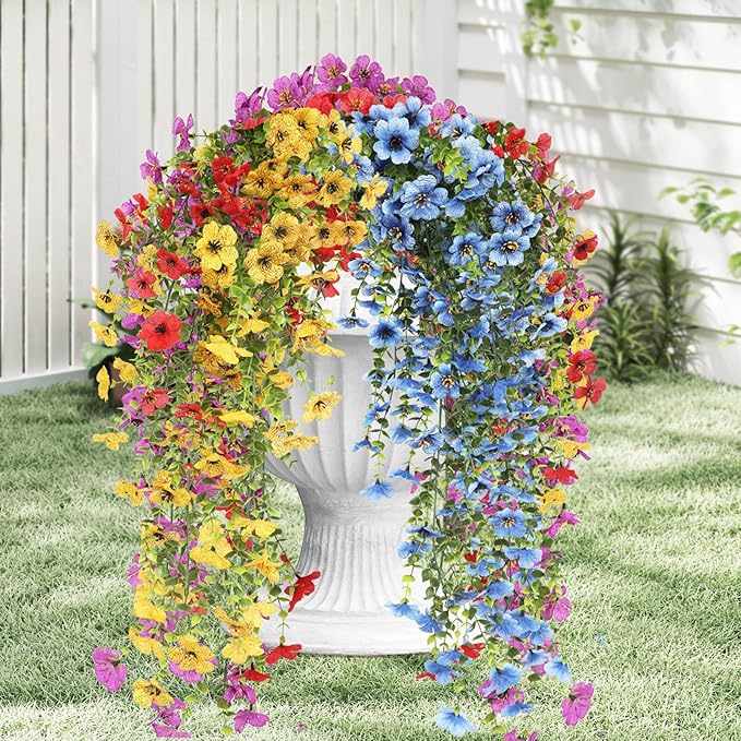 Artificial Hanging Flowers for Outdoors, 8 Pcs Fake Plant for Spring Summer Decoration, UV Resistant Realistic Silk Faux Flowers Outside Indoor Planter Porch Patio Balcony Yard Decor