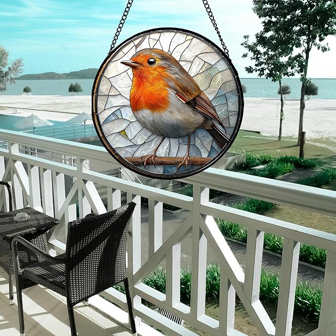 Stained Glass Window Hanging - Orange Grey Robin Sun Catcher for Door Garden Home Decor Bird Lovers Suncatcher Christmas Mother's Day Birthday Gifts for Women Men Mom Nana 9.8 in