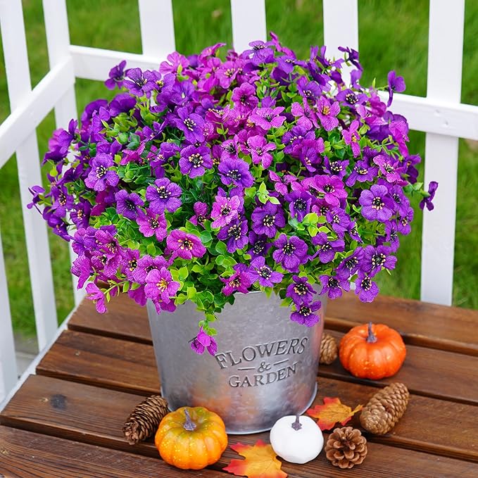 Artificial Faux Flowers Plants for Outdoors Outside Spring Summer Decoration,12 Bundles Realistic Fake Flowers Plant Greenery Silk Daisy UV Resistant Planters Porch Patio Garden Home (Double Purple)