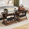 Full Assembled 26.77" L Luggage Rack for Guest Room, Set of 2 Foldable Suitcase Stand with 5 Nylon Straps & Cloth Bag, Luggage Stand Holder with Shoe Shelf for Suitcases Hotel (Walnut Bamboo)