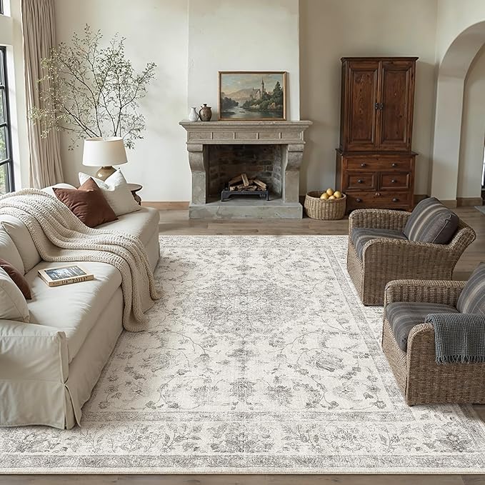 6x9 Area Rug Gray Washable Living Room Vintage Carpet Bedroom Large Non Slip Soft Low Pile Soft Thin Dining Room Office Accent Throw Rug