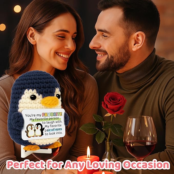 Crimmy Valentines Day Gifts for Him Her, Crochet Tiny Penguin Anniversary Birthday Gift for Boyfriend Girlfriend Wife Husband, I Love You Romantic Gifts for Women Men Couple
