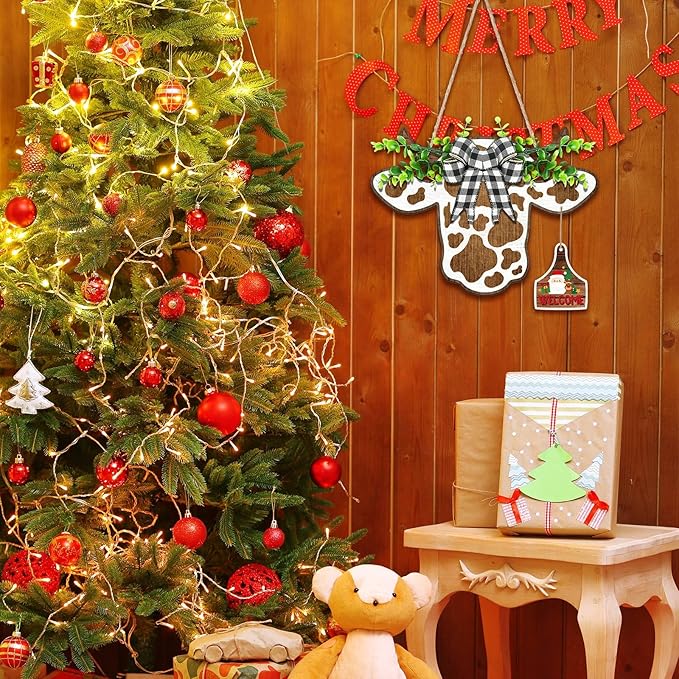 Suzile 16 Pcs Cow Decor Welcome Sign Wooden Cow Head Door Wreath Sign with Buffalo Plaid Bow Interchangeable Hanging Ornaments for Christmas Farmhouse Home Front, 16.5 x 12 Inch