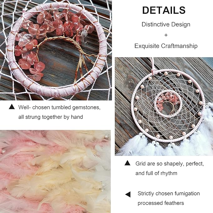 Dream Catchers, Pink Dream Catcher Tree of Life Wall Decor, with Natural Healing Crystal Stone, Perfect Pink Crystal Handmade Dreamlike Dream Catchers for Girls Bedroom Decor Art Craft Gift