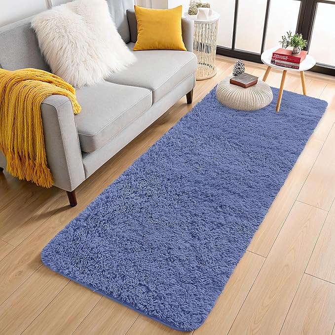 OLANLY 2x6 Machine Washable Runner Rugs for Hallway, Soft Fluffy Shaggy Bedside Rugs for Bedroom, Living Room, Indoor Floor Carpet for Kids Girls and Boys, Home Decor Aesthetic, Denim Blue