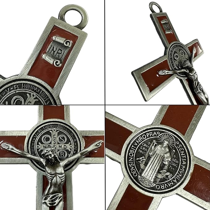 BONITTER Antique Silver Crucifix Wall Cross-St. Benedict Metal Wall Art-5.0 InchX2.7 Inch Black White Brown Enamel Give Blessing and The Spiritual Sacred:Faith Gift for your Acquaintances (Brown)