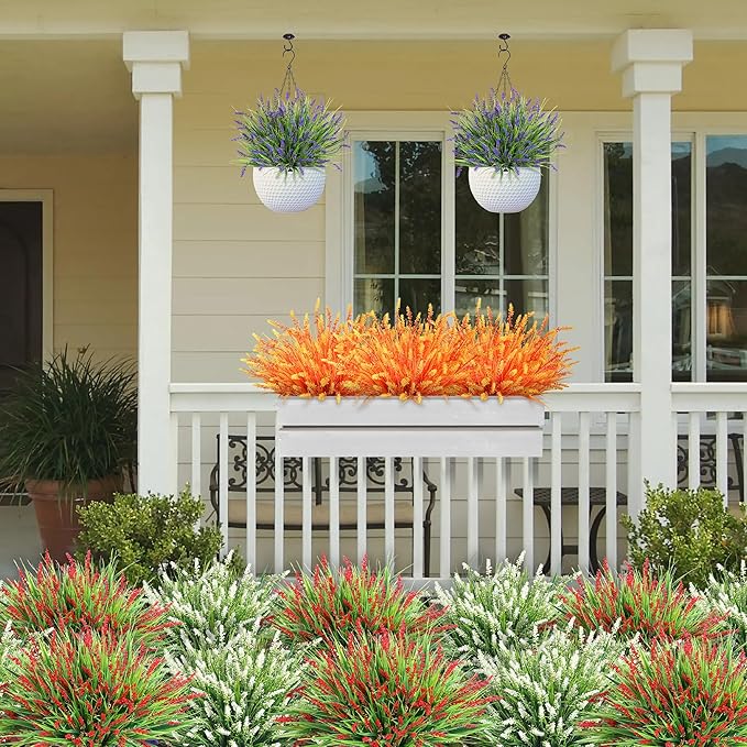 Artificial Fake Plants Flowers for Outdoors Fall Decor, 10 Bundles Fall Leaves Faux Lavender Flowers for Autumn Decoration, Fake Shrubs UV Resistant Planter for Garden Porch Balcony Home Patio Yard