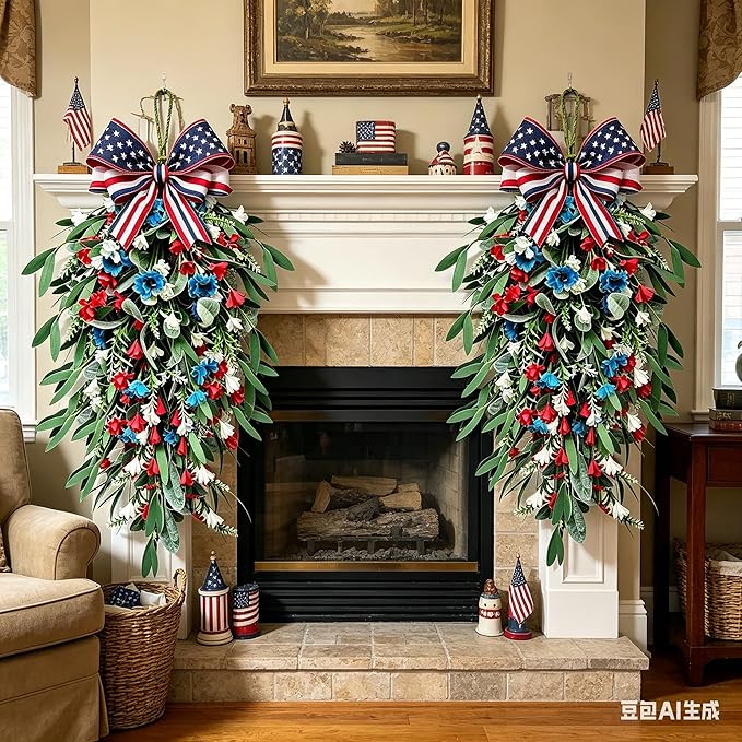 2 Pack 21'' 4th of July Swag Wreaths for Cabinets Independence Day Floral Teardrop Wreath with Artificial Flower and Eucalyptus Leaves Wreath Hanger for Farmhouse Front Door Porch Window Wall