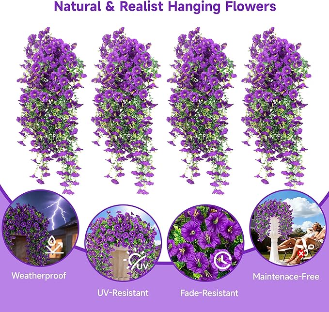 Artificial Hanging Flowers for Outdoors, 4 PCS UV Resistant Faux Plants Silk Realistic 150 Morning Glory Each Vines, Fake Plastic Floral for Garden Patio Spring Summer Decor, Purple