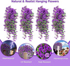 Artificial Hanging Flowers for Outdoors, 4 PCS UV Resistant Faux Plants Silk Realistic 150 Morning Glory Each Vines, Fake Plastic Floral for Garden Patio Spring Summer Decor, Purple