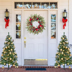 22’’ Artificial Christmas Wreath for Front Door with Red Balls Candy Canes Pine Needles Red Berries Pine Cones Christmas Decorations for Winter Wall Outdoor Home Holiday Xmas Decor