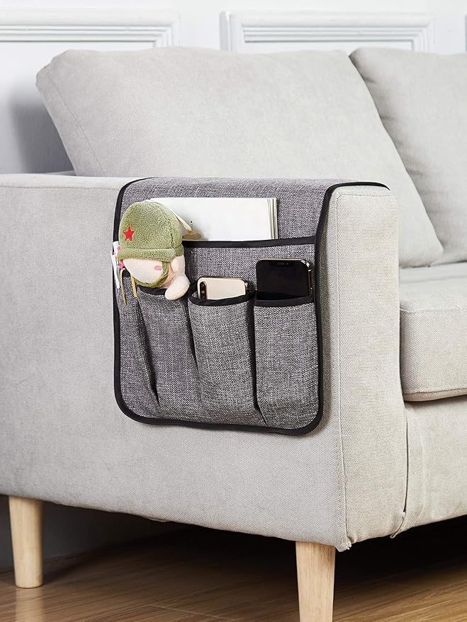 Sofa Armrest Organizer Non-Slip Arm Chair Hanging Caddy Remote Control Holder for Magazine, Phone, Books, Glasses(Grey,13in)