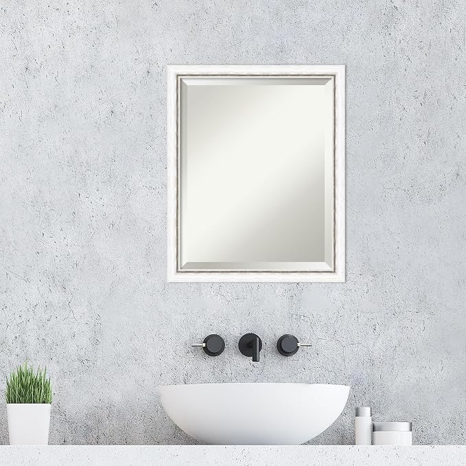 Amanti Art White Wall Mirror 22x18 Morgan White Silver Rectangle Bathroom Mirror for Wall Decor Living Room, Small Modern Wood Frame, Hangs Horizonally and Vertically, Bathroom Decor, Beveled Edge