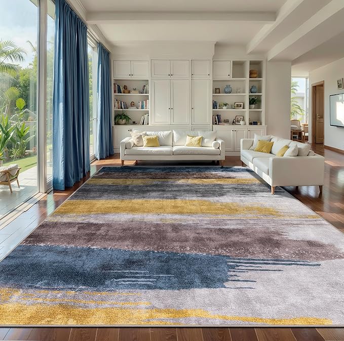 Ciicool Modern Abstract Rug for Living Room, 10'x14' Machine Washable Area Rug Non-Slip Rug, Low-Pile Contemporary Indoor Dining Floor Carpet for Bedroom Office Under Table Home Decor Yellow Grey