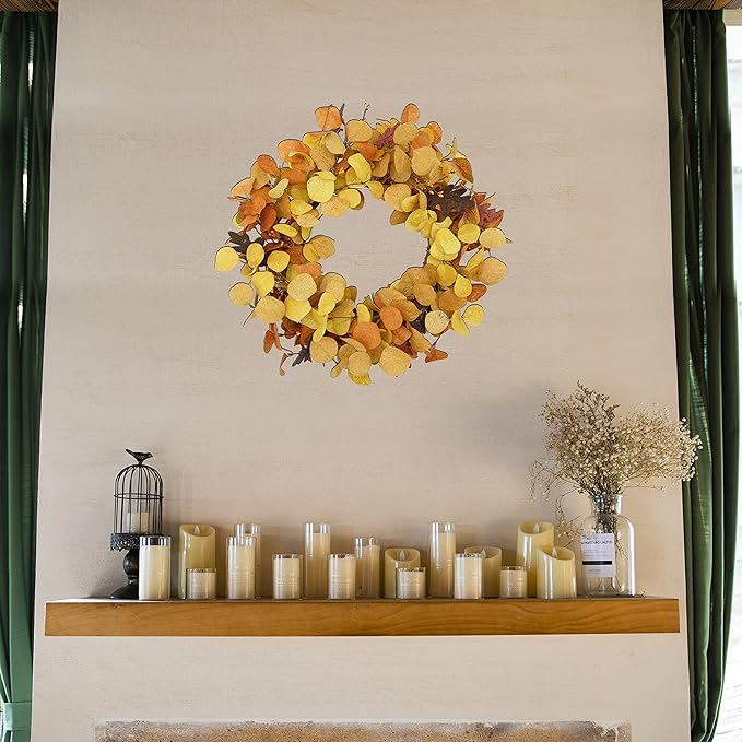 AMF0RESJ Artificial Fall Wreath for Front Door Autumn Eucalyptus Wreath with Orange Eucalyptus Leaves,Woodern Oak Leaves for Farmhouse Indoor Outdoor Window Wall Door Home Decor,Gift Box Included