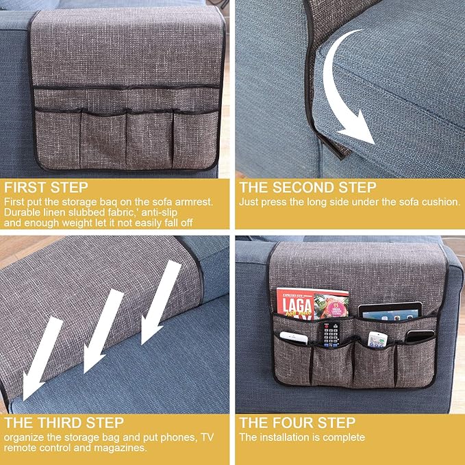 Sofa Armrest Organizer Non-Slip Remote Control Holders for Recliner Couch Chair Armchair Caddy with 5 Pockets for Table,Cell Phone,Ipad,Magazines,Books (Darkgrey, 19 x 35 Inch)