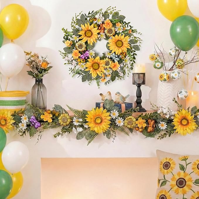 DecorbyHannah Spring Sunflower Summer Wreaths for Front Door Outside All Season, 22 Inch Artificial Collapsible Flower Wreaths with Daisy and Bee, Sunflower Decor for Porch, Wedding Housewarming Gifts