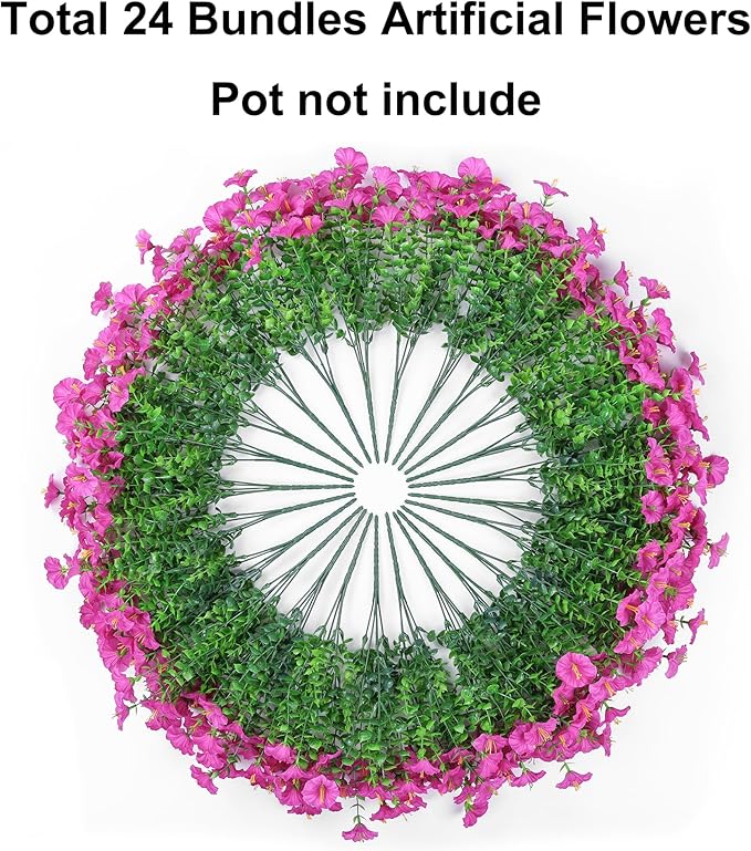 Ivydale 24 Bundles Artificial Flowers for Outdoors Faux Plants Spring Outdoor Decor Faux Silk Morning Glory with Eucalyptus Realistic UV Resistant for Outside Planters Porch Patio Garden Home Decor