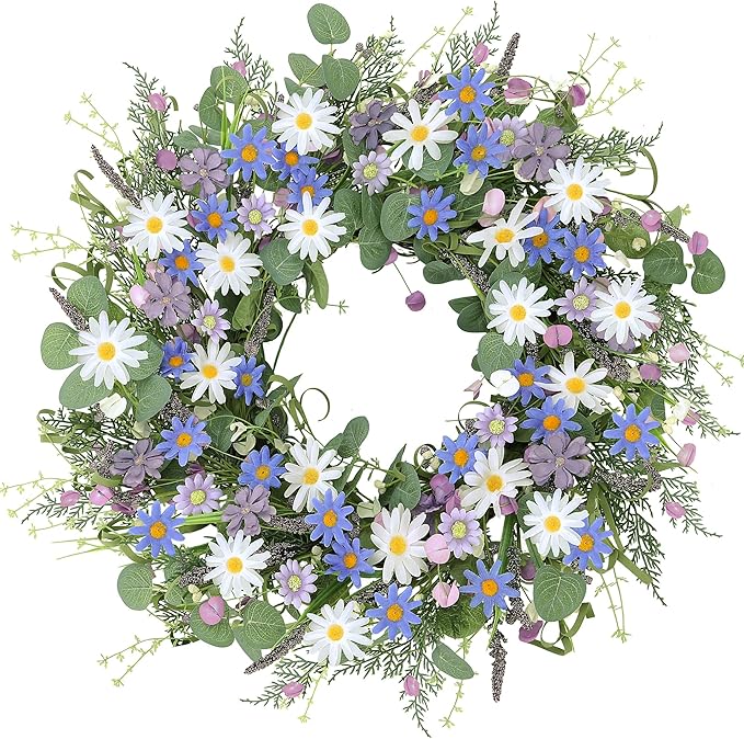 Sggvecsy Spring Wreaths for Front Door 22 Inch Artificial Blue Purple Daisy Wreath Floral Summer Wreaths with Lavender Wild Flower Greenery Leaves for Farmhouse Home Wall Indoor Outdoor Window Decor
