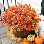 Artificial Fall Flowers Fake Mums for Outdoor Autumn Decoration, 12 Bundles Faux Silk Orange Yellow Mums Daisy Look Real UV Resistant for Outside Home Porch Patio Planter