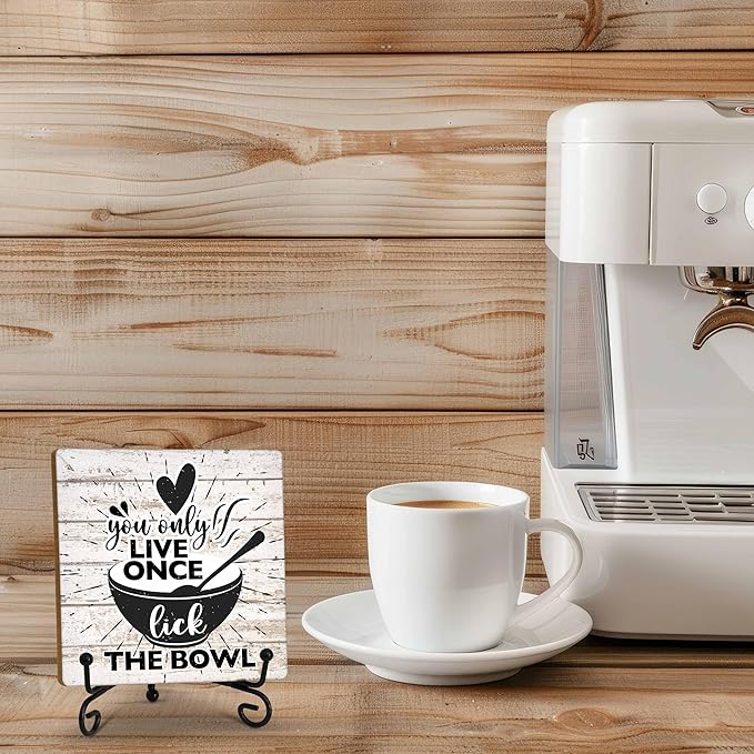 Kitchen Counter Decor, Life Is Short Lick The Bowl Sign, Funny Farmhouse Kitchen Wooden Plaque with Iron Stand for Dinning Room Desk Shelf Display-A11