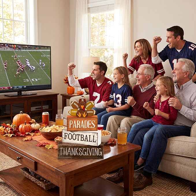 Lineshading 4 Pcs Fall Table Decorations for Home Thanksgiving Football Turkey Wooden Stacked Sign Decor Thanksgiving Tiered Tray Decor Rustic Wooden Football Turkey Block Sign for Harvest Party Shelf