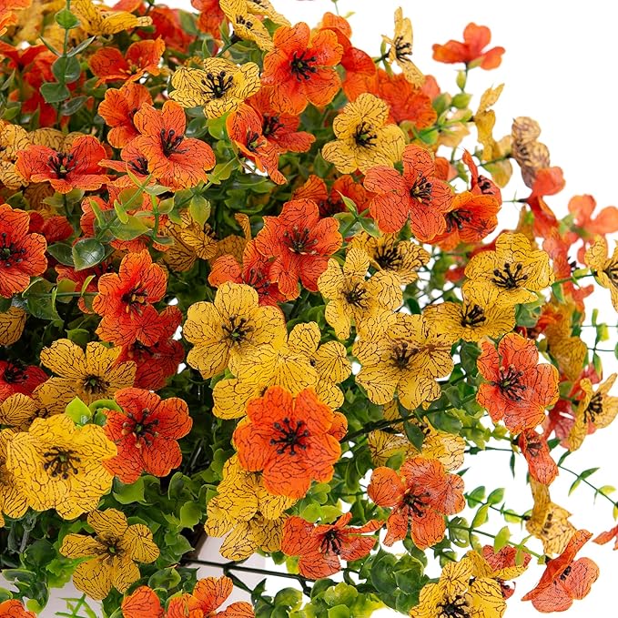 Artificial Fake Flowers Plants for Outdoor Spring Decor, 12 Bundles Faux Silk Flowers for Outdoor Outside Planter Colorful Daisy UV Resistant Look Real for Front Door Porch Patio Yard(Yellow Orange)