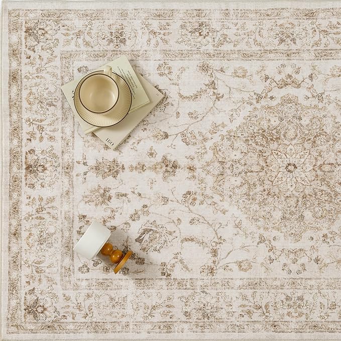 5x7 Beige Area Rug Washable Living Room Vintage Carpet Bedroom Distressed Non Slip Low Pile Thin Dining Room Office Medallion Accent Throw Rug