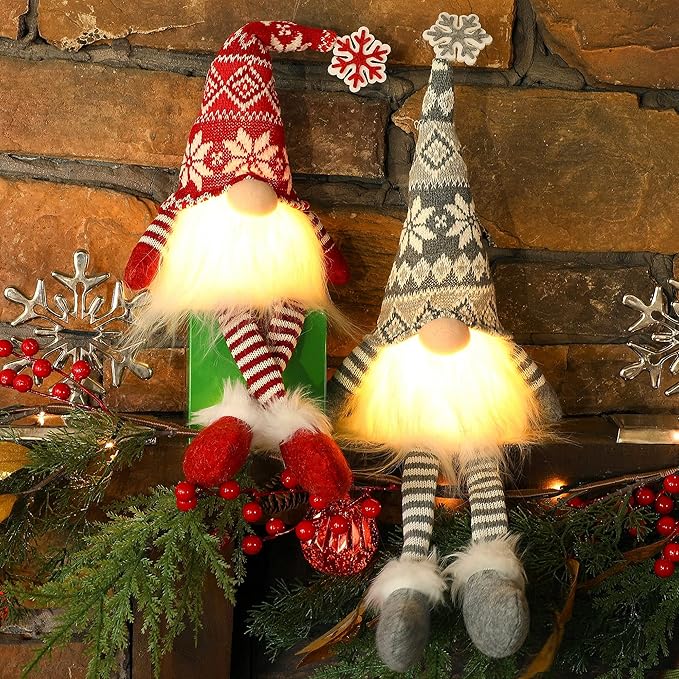 Juegoal 2 Pack Lighted Christmas Gnomes with Dangling Legs, 19.5Inch Handmade Scandinavian Swedish Tomte, Battery Operated Winter Tabletop Christmas Decorations Collectible Figurines