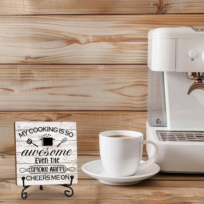 Kitchen Counter Decor, My Cooking Is So Awesome, Table Decorations for Dining Room, Farmhouse Kitchen Wooden Plaque with Iron Stand for Table Shelf Display-A03