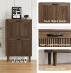 Smuxee Walnut Shoe Cabinet with 2 Flip Drawers, 23.6" Hidden Shoe Storage Cabinet with Small Fluted Doors, Freestanding Shoe Organizer Cabinet for Entryway, Hallway, Living Room