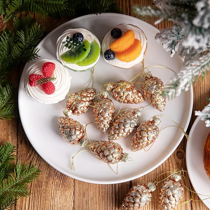 Watayo 12 Pcs Christmas Pinecone Glass Ornaments, Fall Hanging Pine Cone Painted Glass Ornaments, Glitter Pinecone Christmas Ornament for Xmas Tree DIY Crafts Fall Thanksgiving Day Decoration