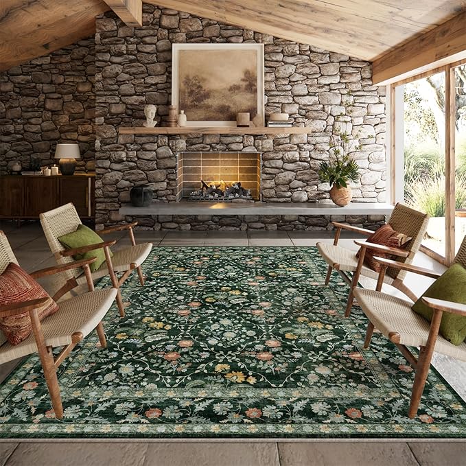 Vintage Botanical Dark Green Area Rug 8x10 Elegant Floral Pattern, Durable Stain-Resistant Fabric, Perfect for Living Room, Bedroom, Dining Room Decor