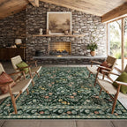 Vintage Botanical Dark Green Area Rug 8x10 Elegant Floral Pattern, Durable Stain-Resistant Fabric, Perfect for Living Room, Bedroom, Dining Room Decor