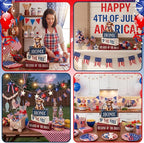 Moucuny 4 Pcs 4th of July Decorations Patriotic Highland Cow Wooden Block Sign Set America Table Decor Patriotic Tiered Tray Decor Red White Blue Memorial Day Centerpieces for 250th Anniversary Home
