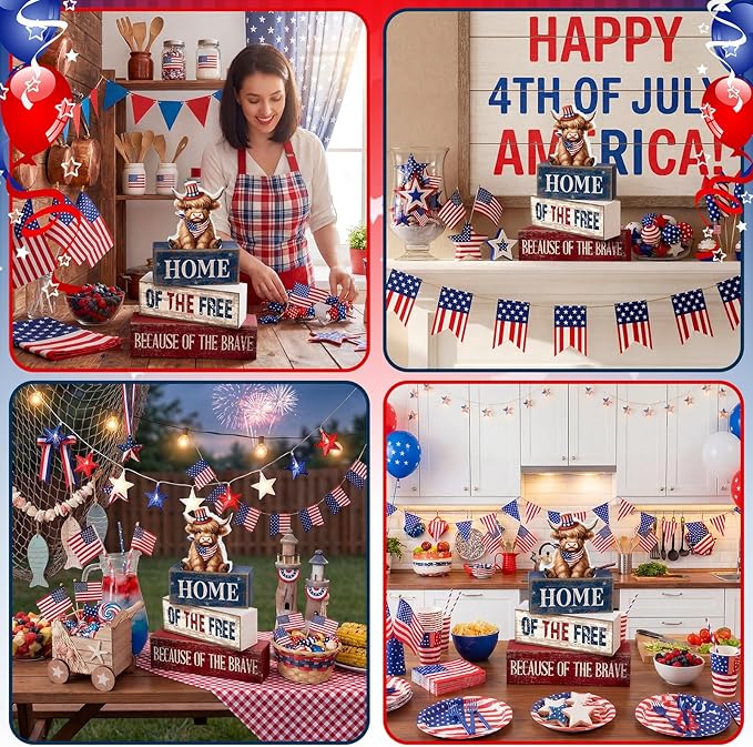 Moucuny 4 Pcs 4th of July Decorations Patriotic Highland Cow Wooden Block Sign Set America Table Decor Patriotic Tiered Tray Decor Red White Blue Memorial Day Centerpieces for 250th Anniversary Home