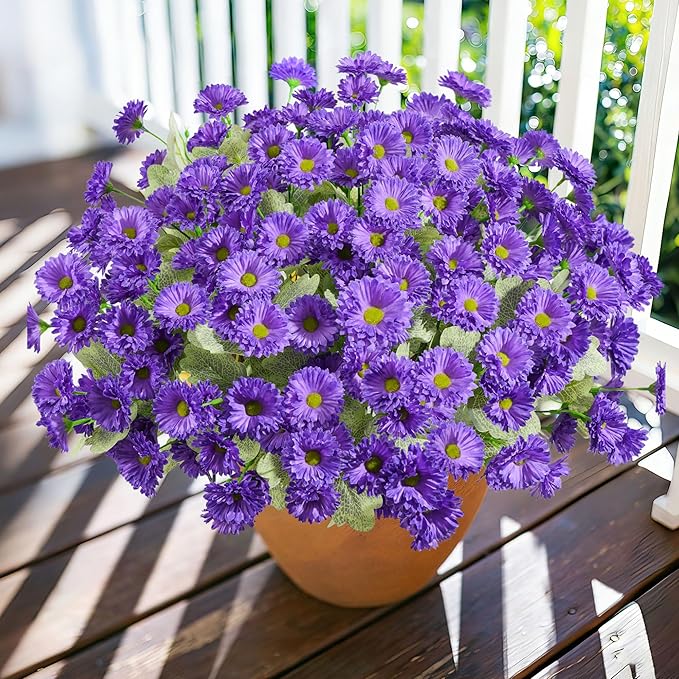 HyeFlora Artificial Fake Flowers for Outdoors Spring Summer Decor, 6 Bundles Faux Daisy Plants Silk Flowers for Outside Realistic UV Resistant for Outdoor Planter Porch Patio Balcony Yard Home, Purple