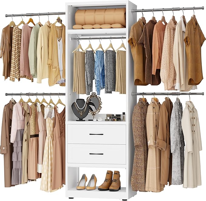 Metal Closet System, 4FT-8FT Closet Organizer System with 4 Expandable Hanging Rods and Metal Tower,79"H Walk in Closet System with 2 Drawers and Shelving,Built in Closet,Wall Mount,White