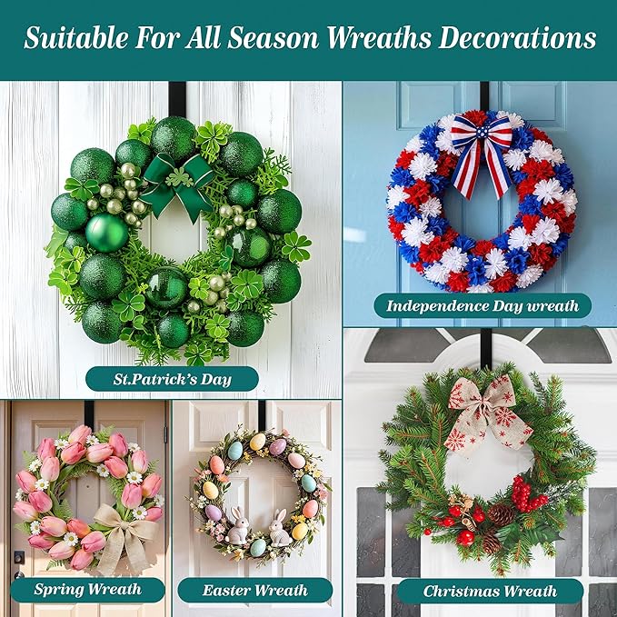HOOSUN Wreath Hangers for Front Door 4th of July Decorations,14" Patriotic Wreath Hook Holder,Over The Door Hooks Hanger,Metal Garland Hangers Hook for Spring Summer Wreath Porch Decor(2 Pack)