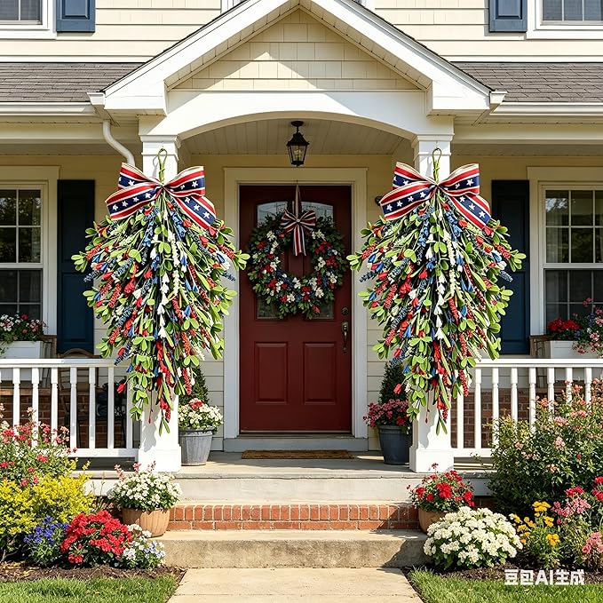 2 Pack 21'' Patriotic Teardrop Swag Wreaths for Cabinets Artificial 4th of July Swag Wreath with Red White Blue Floral and Berries for Independence Day Memorial Day Front Door Porch Window Wall Decor