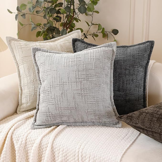 HPUK Fall Chenille Soft Throw Pillow Covers 18x18 Set of 2, Accent Cushion Covers for Living Room, Bedroom, Decorative Solid Color Pillow Covers for Couch, Sofa, Chair, Grey